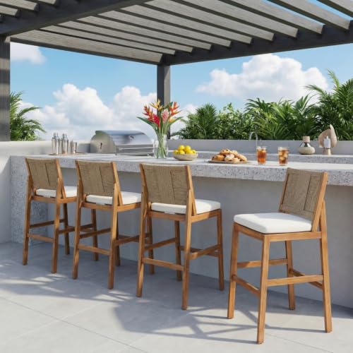 Outdoor Acacia Wood Barstools w/Wicker Back for Garden, Rustic Counter Height Bistro Chairs w/Removable Cushions for Balcony, Wooden Pub Chairs w/Backrest for Porch, Deck, Set of 2/4 (Brown-4pcs)