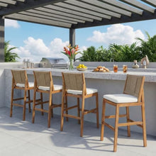 Outdoor Acacia Wood Barstools w/Wicker Back for Garden, Rustic Counter Height Bistro Chairs w/Removable Cushions for Balcony, Wooden Pub Chairs w/Backrest for Porch, Deck, Set of 2/4 (Brown-4pcs)