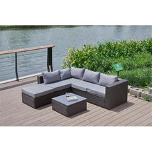 Pemberly Row Outdoor Sectional Sofa Set, Gray Cushions, Brown Wicker/Rattan Frame, 86" L x 80" W x 28" H, Tempered Glass Top Coffee Table, Water-Resistant Cushions, Modern Patio Furniture for
