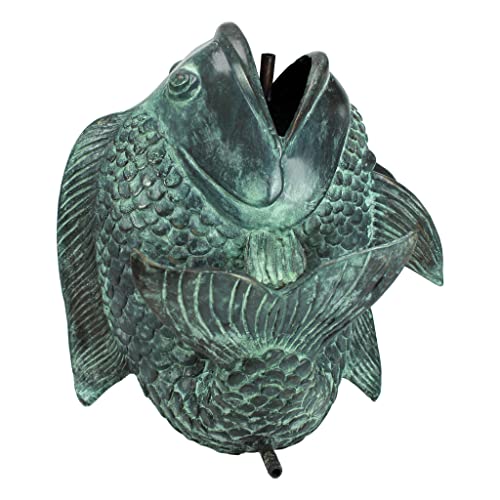 Design Toscano Asian Dancing Koi Fish Piped Statue Fountain Pond Water Feature, Medium, 11 Inch, Real Cast Bronze, Green Verdigris