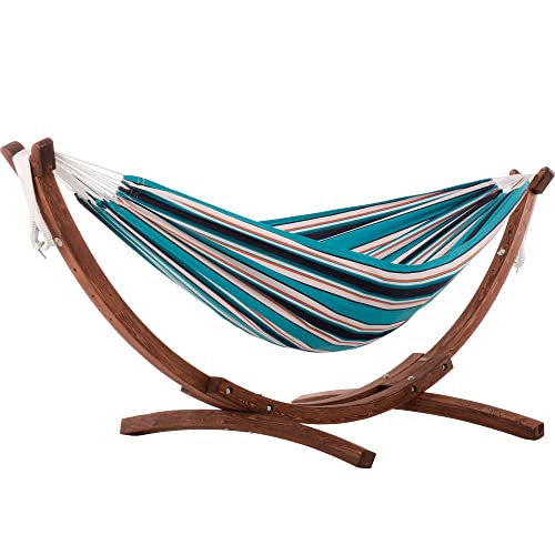 Vivere Double Premium Outdoor Fade and Weather-Resistant Hammock with Solid Pine Arc Stand - 450 lb Weight Capacity (Token Surfside)