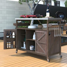 SDVantage Stainless Steel Outdoor Kitchen Island Bar Cart with Solid Wood Storage Cabinet Spice Rack Towel Rack Lockable Wheels for BBQ Patio Use,Dark Brown