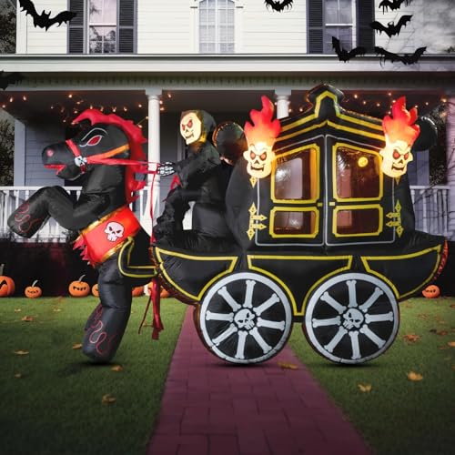 10FT Halloween Inflatable Hellfire Carriage with LED Lights Haunted Blow Up Decor for Yard, Outdoor Party Includes UL Cord, Stakes & Sandbags