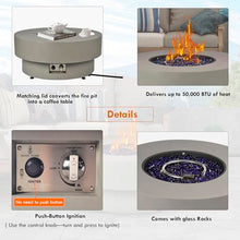 Propane Outdoor Fire Pit Table, Flint & Concrete Look 32-inch Round Patio Propane Fire Table 50,000 BTU w/Lid, Glass Rocks, Cover, Pre-Attached 10ft Hose