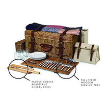 PICNIC TIME Charleston Luxury Picnic Basket for 4, Romantic Vintage English-Style Wooden Basket, Complete Deluxe Service With Blanket, Suitcase-style Handle and Genuine Cowhide Leather, (Beige Canvas)