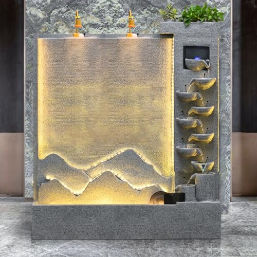 Outdoor Cement Water Fountain with LED Lights, 6-Foot Tall Wall Waterfall Fountain for Garden, Yard, and Patio - Durable, Energy-Efficient, UV-Resistant (Left+Right)(#B)