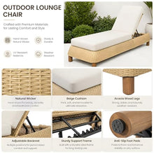 Christopher Knight Home Truta Set of 2 Rattan Chaise Lounge Chair Outdoor with Acacia Wood Legs, Adjustable Backrest Sun Lounger Recliner, Patio Chaise Lounge with Thick Cushion, Beige+Natural