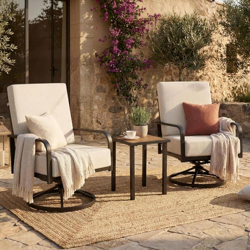 Furnimart 360° Swivel Rocker Patio Chairs Set of 2 with Coffee Table, 3-Piece Patio Furniture Set for Apartment Balcony Small Space, Heavy Duty Metal Outdoor Bistro Set (Beige)
