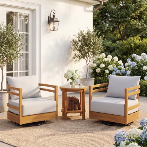 Christopher Knight Home Dory Set of 2 Outdoor Swivel Accent Chair with Cushion, Acacia Wood Lounge Chair Outdoor, 360° Rotating Swivel Barrel Chairs with Curved Design for Backyard Garden, Teak+Gray