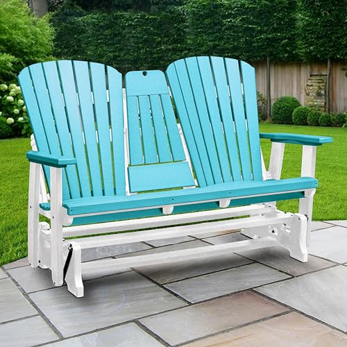 American Furniture Classics Model 524ARW Two Seat Fan Back Glider with Drop Down Table/Cup Holder in Aruba Blue with White Base, Made in The USA