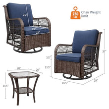 TrailBlaze 360° Swivel Wicker Patio Glider Rocking Chair Set – 3-Piece Outdoor Bistro Furniture with Thick Cushions, Armored Glass Side Table, All-Weather Comfort for Porch, Deck, Garden – Blue
