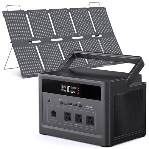 DARAN Portable Power Station 600W (1200W Peak) 576Wh LiFePO4 battery with 100W Solar Panel, Fast Recharge AC/Car/Solar, 3 AC Outlets, USB-C PD for Camping, RV, CPAP, Emergency Backup