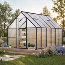 CABIHOME 8x14 FT Outdoor Greenhouse, Polycarbonate Greenhouse with Roof Vent and Ground Nails, Aluminum Large Walk-in Green House w/ Lockable Push Door for Outdoor Garden (Black, 8x14 FT)
