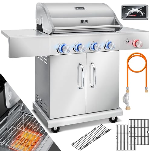 KESSER Master BBQ Gas Grill with 800 C Infrared, LED Lighting, Ceramic 4+1 Burner Stainless Steel XXL Grill Trolley, Side Burner, 5-11 kg Gas Bottle Piezo Ignition Silver