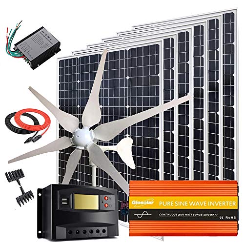 1100W Wind Solar System Kit :Come with 400W Wind Turbine and 6PCS 120W Solar Panels and 2000W 12V-110V Inverter and 60A Solar Controller (for 12V System Array)