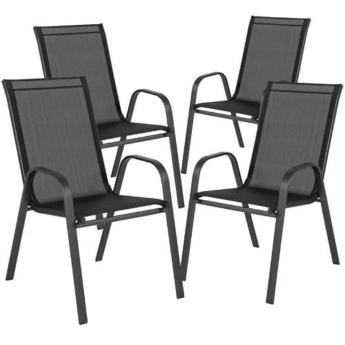 Ergode 4 Pack Brazos Series Black Outdoor Stack Chair with Flex Comfort Material and Metal Frame