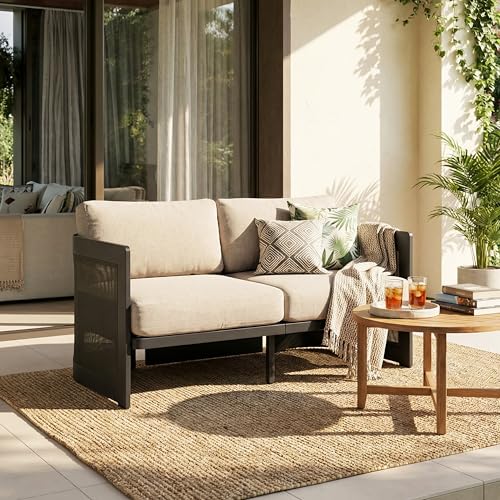 Christopher Knight Home Arden Patio Loveseat, Outdoor Aluminum Couch, 2 Seater Sofa with Mesh Panels and Cushioned Seat, Modern Outdoor Loveseat for Garden/Poolside, Aluminum Armchair, Beige+Black