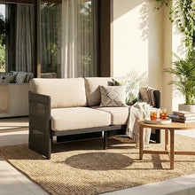 Christopher Knight Home Arden Patio Loveseat, Outdoor Aluminum Couch, 2 Seater Sofa with Mesh Panels and Cushioned Seat, Modern Outdoor Loveseat for Garden/Poolside, Aluminum Armchair, Beige+Black