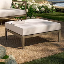 Modway Northlake Teak Outdoor Ottoman in Weathered Gray White – Large Square Patio Footrest with Cushion