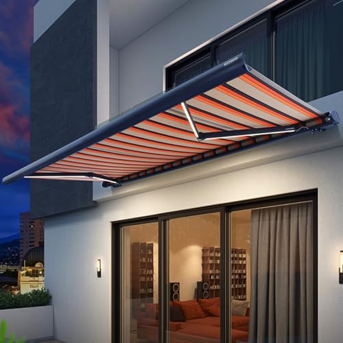 Patio Awning Retractable, Motorized Electric Sun Shade Awning with LED Light, Remote Control, Waterproof UV/Heat Resistant, Deck Canopy Balcony Sunsetter, Commercial Grade,20x10FT