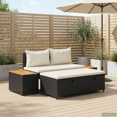 Molumvel 4-Piece Outdoor Sofa Set with Storage Bench and Side Tables, Poly Rattan Garden Patio Furniture, Black, 21.65 x 11.81 x 15.35 in