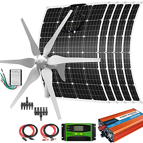 1000W Solar & Wind Power Kits Home Off-Grid System for Charging 12V Battery：400W Wind Turbine Generator + 5 pcs 120W Flexible Mono Solar Panel + Charge Controller+ 1000W 12V Inverter+Accessory