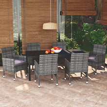 Heofavd 7-Piece Grey PE Rattan Outdoor Dining Set, 72.8" Rectangular Patio Table and Chairs with Steel Frame for 6, Weather-Resistant Cushions, Modern Balcony Garden Backyard Bistro Furniture