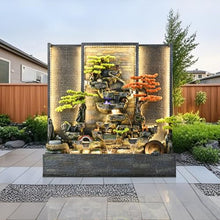 5.91ft Indoor Zen Decor Water Feature Indoor/Outdoor Large Water Fountain Wall, Lightweight Resin Fountain with LED Lights, Mist, Bonsai Trees & Waterwheel