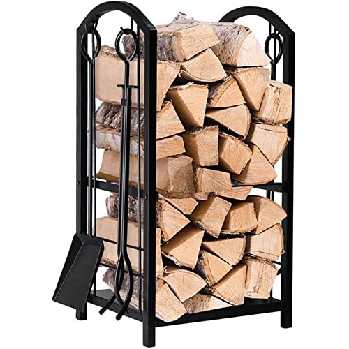 DJVHSRI 29 Inch High Firewood Rack 2-Layer Wood Holder with 4 Fireplace Hooks Tool Set Wrought Iron Fireplace Wood Storage Stacking Rack for Indoor and Outdoor,