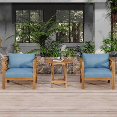 Hassyee Patio Bistro Set with Coffee Table for Living Room, Dining Room, Outdoor Wood Armchairs and Table Set with Removable Cushions for Balcony, Poolside, Garden, Lawn (Blue Set with Round Table)