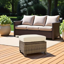 Outdoor Escape Brown Wicker Ottoman with Sand Cushion – Outdoor Foot Rest for Patio Seating Featuring Steel Frame and Weather-Resistant Woven Design