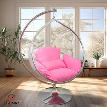SK CHUMRA Hanging Chair - Transparent Acrylic Bubble, Waterdrop Shape, Indoor Swing Chair with Gold/Chrome Stand, Durable Fabric Cushion - Luxury Accent for Living Room, Bedroom (Chrome/Pink)
