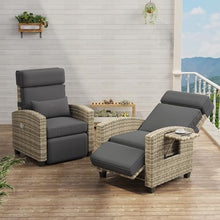 SunnyFurn 2PCS Outdoor Recliner Chair, Reclining Patio Chairs with 150° Adjustable Backrest & Footrest, Wicker Recliner Chairs with Flip Table and Removable Thick Cushion for Poolside, Deck, Balcony