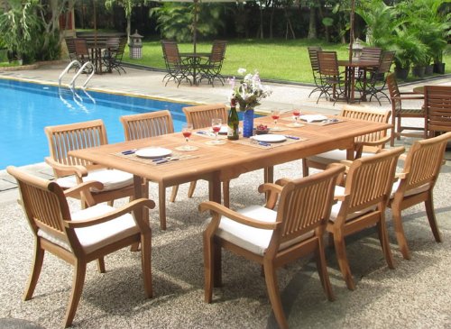 WholesaleTeak New 9 Pc Luxurious Grade-A Teak Dining Set - 94" Rectangle Table and 8 Stacking Arbor Arm Chairs #WHDSABh
