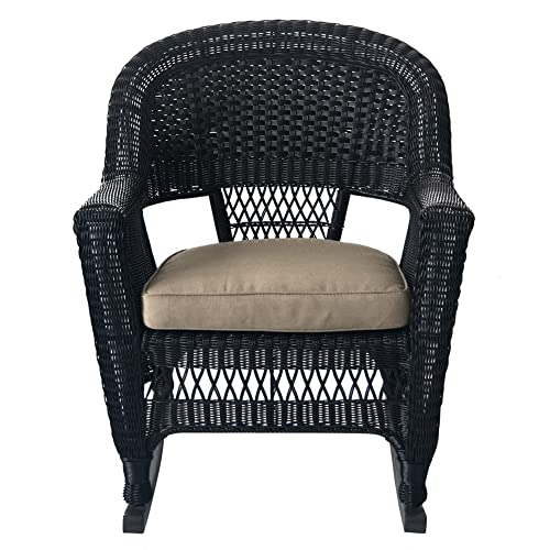 Jeco Rocker Wicker Chair with Tan Cushion, Set of 2, Black