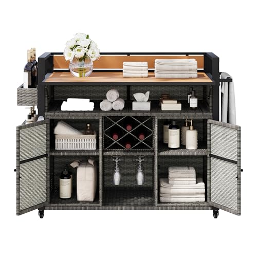 52.8"W Outdoor Grill Cart with Poly-Wood Top, Drop Leaf, Wine Rack, Spice Racks, Steel Frame and Wicker Weave Surface, Rolling Kitchen Island for Garden, Patio, Backyard, Poolside Cooking (Grey)