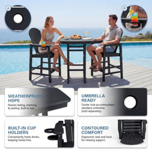 Hassyee 3 Pieces HDPE Black Bar Set with Umbrella Hole and Square High Top Pub Table for Poolside, Lawn, Outdoor Furniture Set with Weather Resistant Frame for Balcony