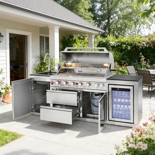 Modular Stainless Steel Outdoor Kitchen Island,All-in-One BBQ Grill Station with Sink,Storage Drawers, Side Prep Counter (83 IN Stainless Sink Fridge, 83", Propane Gas Grill)