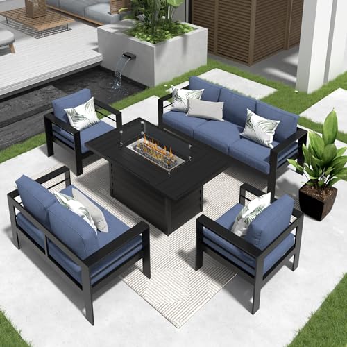 Solaste Aluminum Patio Furniture Set with Fire Pit Table, 5 Piece Modern Outdoor Set Blue