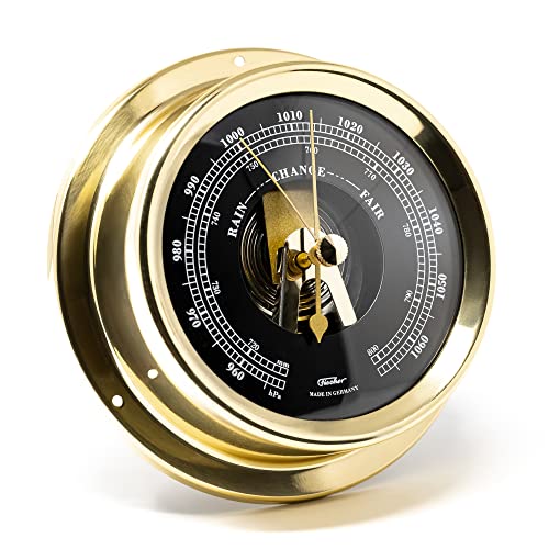 Fischer 1508B-45.6 - Maritime Inner Barometer - 125 mm Pressure Gauge, Black Dial, Brass Case, Made in Germany