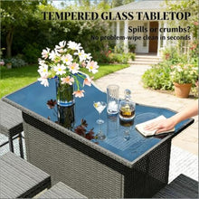 Hassyee 5 Pieces Outdoor Wicker Bar Set with Tempered Glass Tabletop and Strong Construction for Poolside, Garden, Patio Furniture Set with Two Tier Shelves for Balcony (Dark Gray)