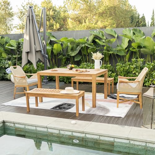 Cambridge Casual Sydney Teak Wood 5 Piece Outdoor Dining Set with Rectangular Dining Table, Includes 2-piece Dining Chair, and 2 Backless Benches, Dining Set Seats up to 6 Persoon
