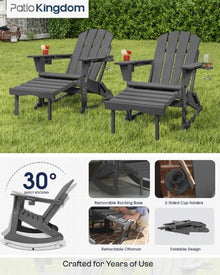 Patio Kingdom 4-Pack Adirondack Rocking Chairs with Retractable Ottoman & Cup Holders, Folding HDPE Patio Rockers for Porch, Deck, Fire Pit, Poly Lumber Outdoor Chairs with Phone Slot, Gray