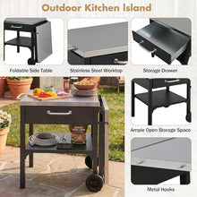 Brand Foldable Outdoor BBQ Prep Station, Grill Cart with Storage & Trash Rack, Portable Patio Kitchen Island, Black (Black, Kitchen Cart)