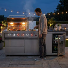 84 Inch Outdoor Kitchen Island, 6-Burner 75300 BTU Propane Gas Grill with Refrigerator, Sink, Wine Cooler, Granite Countertops and Rotisserie Kit, Stainless Steel Barbecue Bar for Patio, Silver