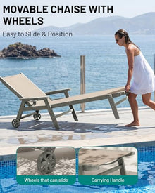 PLUUV Outdoor Pool Chaise Lounge Chairs Set of 4 with Cup Holder, Khaki