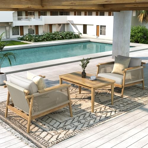 Merax Outdoor Acacia Wood Lounge Chair w/Cushions Set of 2, Patio Club Chair with Rope & Sturdy Wood Legs, All-Wearther Singe Sofa Chair for Porch, Lawn, Backyard, Balcony, Teak+ Beige