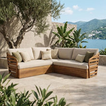 Homyee Durable Acacia Wood Outdoor V Shaped Sectional Sofa Set w/Water Repellent Cushions for Garden, Solid Wood Patio Corner Couch w/Slatted Design for Porch, Deck, Balcony (Teak)