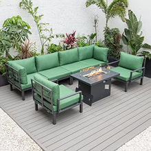 LeisureMod Hamilton 7-Piece Modular Outdoor Sectional Set with Fire Pit Table Green