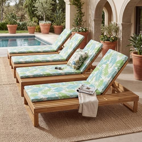 Merax 4-Piece Teak Finish Acacia Wood Chaise Lounge with 1.57-Inch Leaf Coconut 2-Fold Cushion Set, 4-Position Adjustable with Flat Side Surface, for Poolside